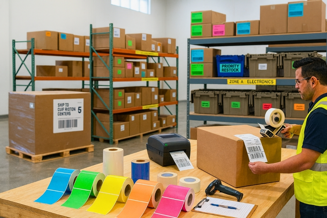 Etiquetas adesivas coloridas e brancas usadas para identificação, códigos de barras e organização em ambientes industriais e logísticos.