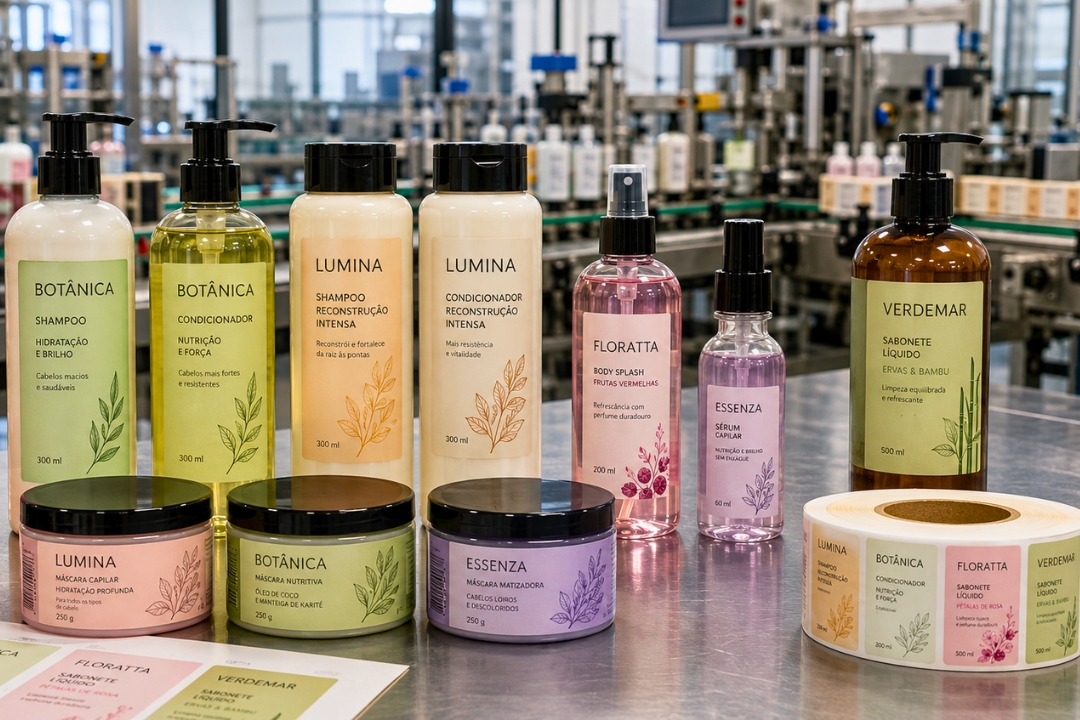 Rótulos adesivos industriais para alimentos, laticínios, cosméticos, higiene, limpeza, bebidas, farmacêutico, automotivo, químico e fertilizantes, com alta definição, durabilidade e desempenho em linha de produção.